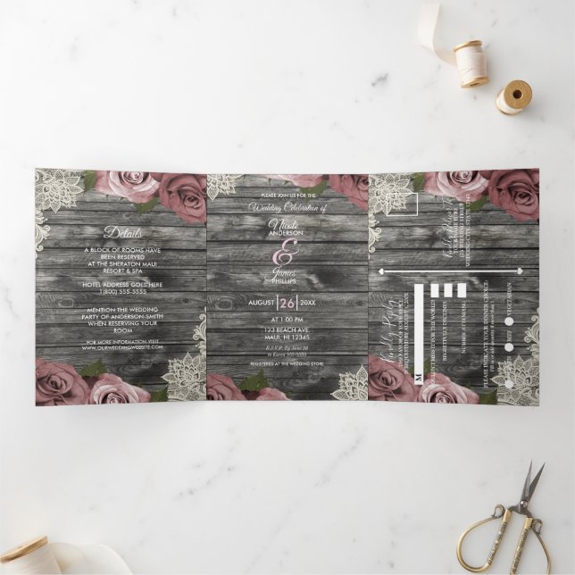 Dusty Pink Roses & Lace Rustic Grey Wood Wedding   Tri-Fold Invitation (Inside)