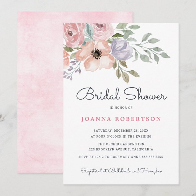 Dusty Pink Roses Midsummer Floral Bridal Shower Invitation (Front/Back)
