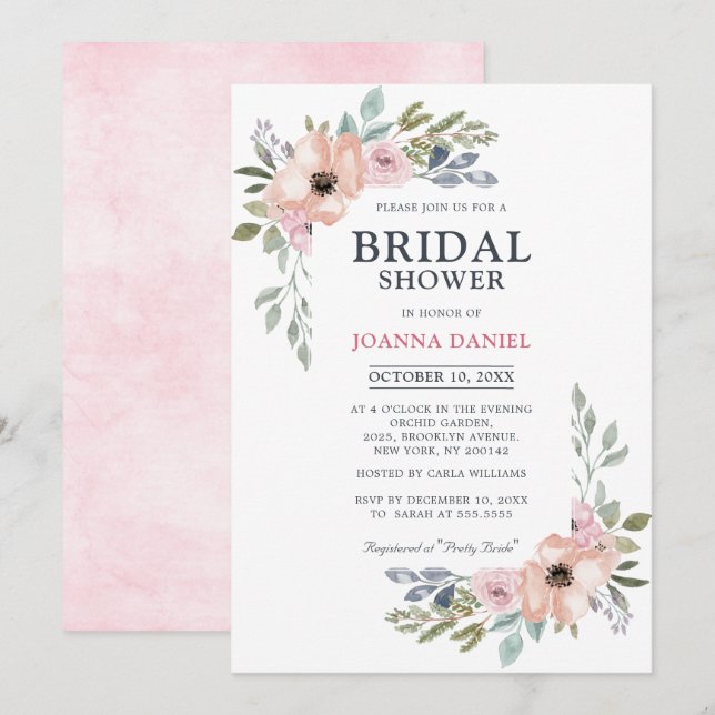 Dusty Pink Roses Midsummer Floral Bridal Shower Invitation (Front/Back)
