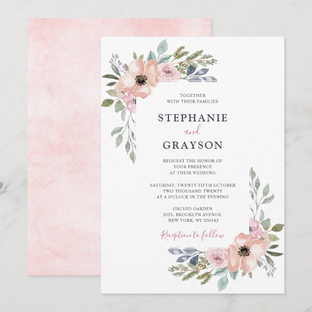 Dusty Pink Roses Midsummer Floral Wedding Invitation (Front/Back)