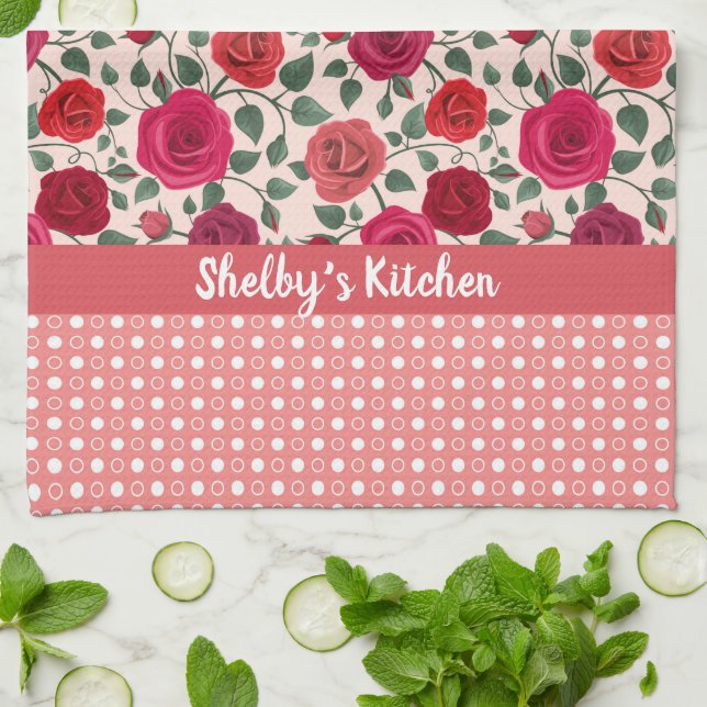 Dusty Pink Roses Personalised Tea Towel (Folded)