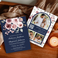 Dusty Pink Roses Photo Navy Blue QR Code Wedding