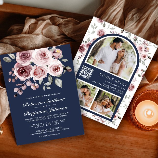 Dusty Pink Roses Photo Navy Blue QR Code Wedding Invitation (Creator Uploaded)