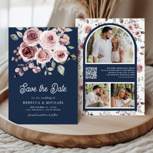 Dusty Pink Roses Photo QR Code Navy Blue Wedding Save The Date