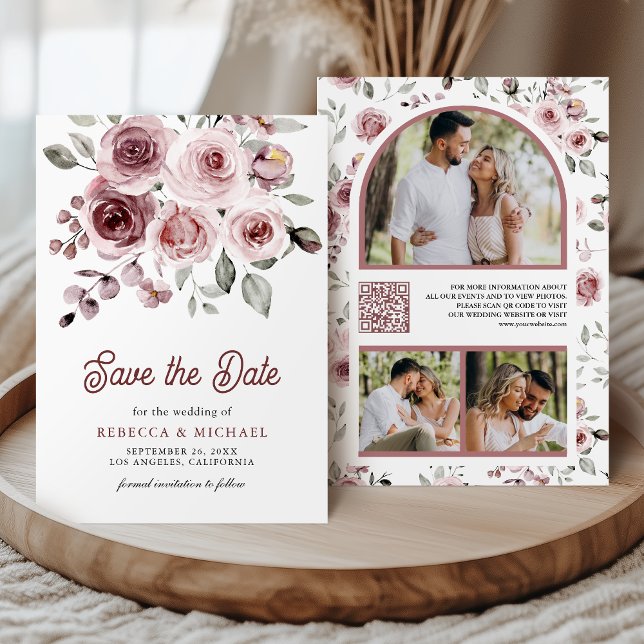 Dusty Pink Roses Photo QR Code Wedding Save The Date (Creator Uploaded)