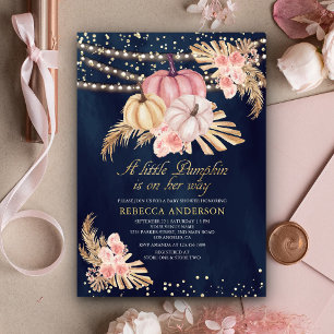 Dusty Pink Roses Pumpkin Pampas Navy Baby Shower Invitation