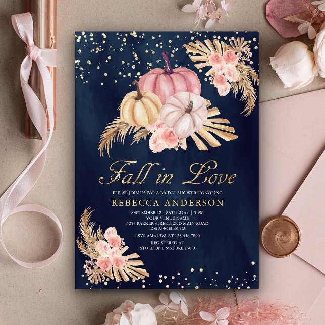 Dusty Pink Roses Pumpkin Pampas Navy Bridal Shower Invitation (Creator Uploaded)