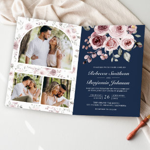Dusty Pink Roses QR Code Navy Blue Wedding Invitation
