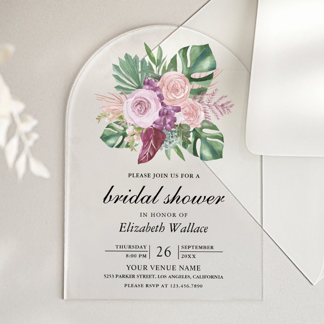 Dusty Pink Roses Tropical Monstera Bridal Shower Acrylic Invitations (Creator Uploaded)