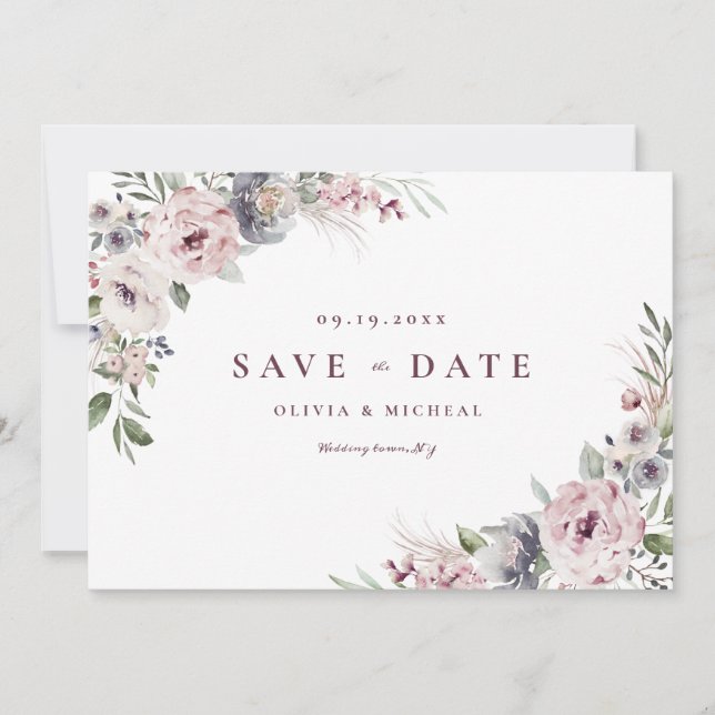 Dusty pink rustic boho floral save the date (Front)