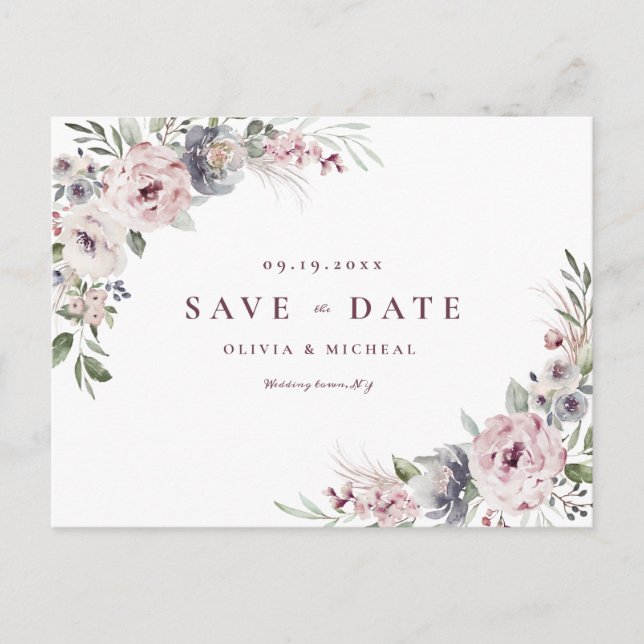 Dusty pink rustic boho floral save the date announcement postcard (Front)