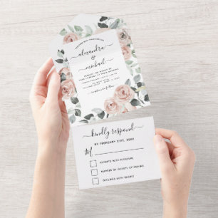 Dusty Pink - Sage Green Floral Wedding RSVP All In One Invitation