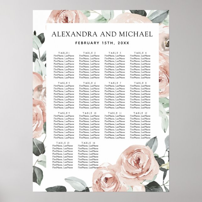 Dusty Pink Sage Green Floral Wedding Seating Chart (Front)