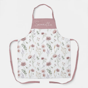 Dusty Pink Sage Green Watercolor Wildflower Apron