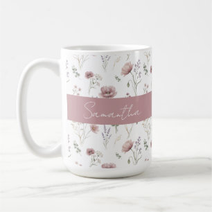 Dusty Pink Sage Green Watercolor Wildflower Coffee Mug
