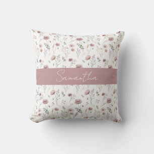 Dusty Pink Sage Green Watercolor Wildflower Cushion