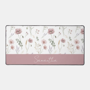Dusty Pink Sage Green Watercolor Wildflower  Desk Mat