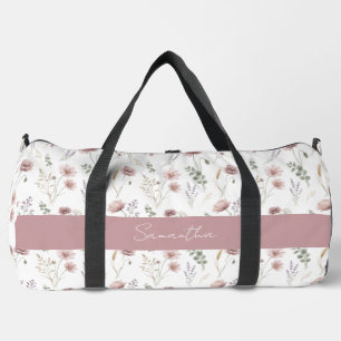 Dusty Pink Sage Green Watercolor Wildflower Duffle Bag