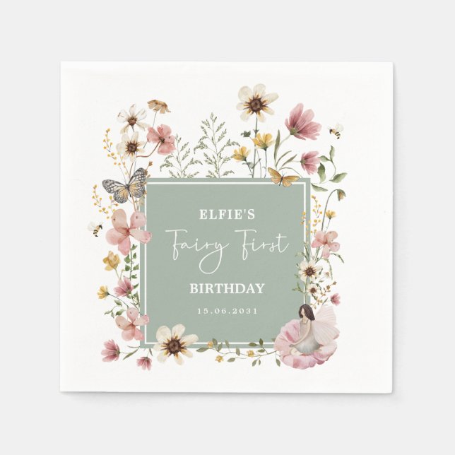 Dusty Pink Sage Wildflower Fairy 1st Birthday Napkin (Front)
