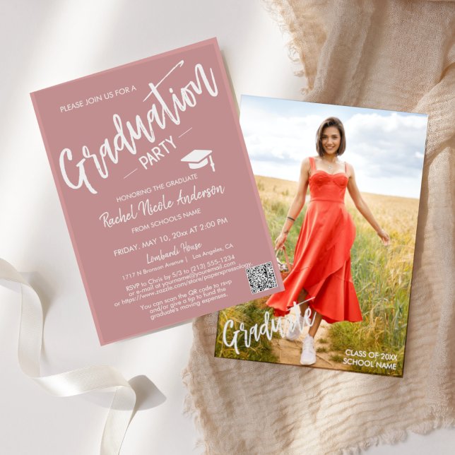 Dusty Pink Script QR Code Photo Graduation Party Invitation (Creator Uploaded)