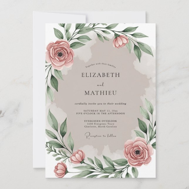 Dusty Pink Serene Botanical Wedding Invitation (Front)