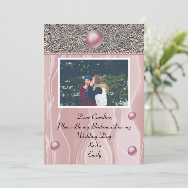 Dusty Pink Silk Light Silver Foil Bridesmaid Photo Invitation (Standing Front)