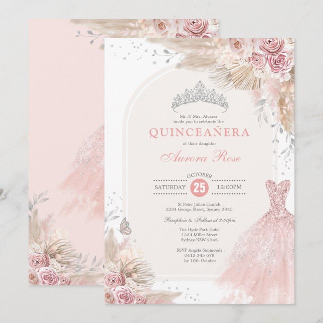 Dusty Pink Silver Boho Flower Quinceañera Dress Invitation (Front/Back)