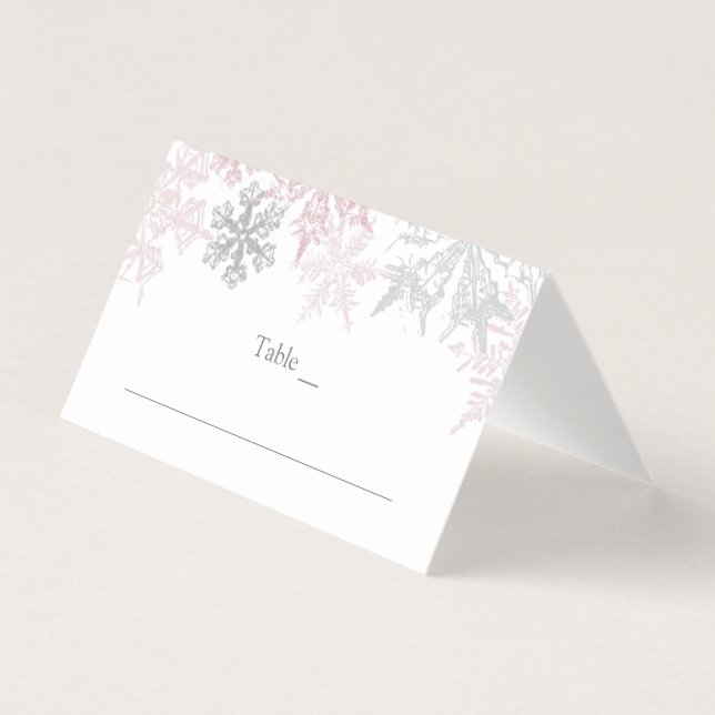 Dusty Pink & Silver Snowflakes Wedding Place Card (Front)