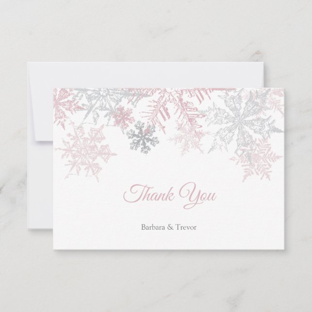 Dusty Pink & Silver Snowflakes Winter Wedding Thank You Card (Front)