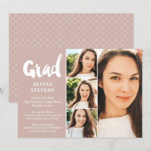 Dusty pink simple Grad script 4 photos graduation Invitation