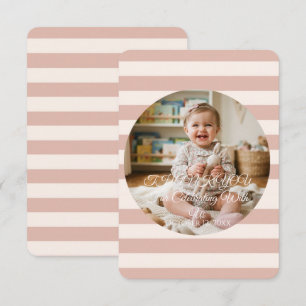 Dusty Pink Stripes Circle Frame Baby Girl Photo Thank You Card