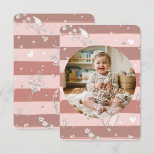 Dusty Pink Stripes Circle Frame Baby Girl Photo Thank You Card