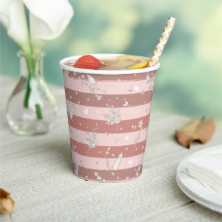 Dusty Pink Stripes Vintage Floral Baby Girl Shower Paper Cups