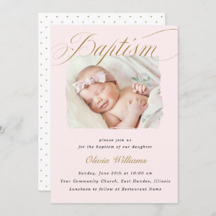 Dusty Pink Subtle Cross Script Typo Baptism Photo Invitation