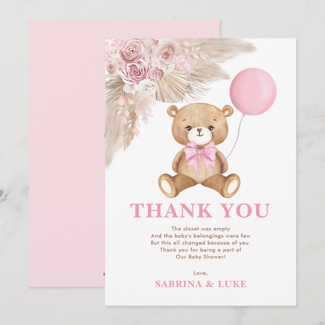 Dusty Pink Teddy Bear Balloon Girl Baby Shower Thank You Card (Front/Back)