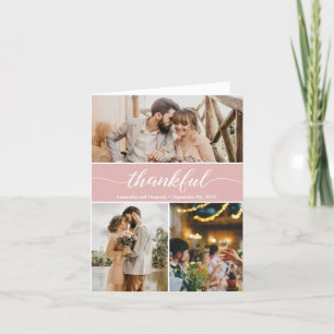 Dusty Pink Thankful Wedding Photo Collage Thank You Card