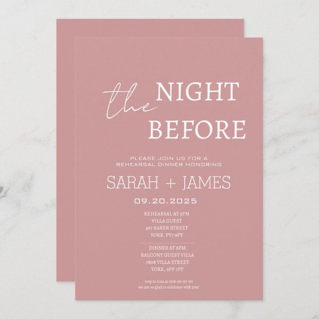 Dusty Pink the Night Before Rehearsal Dinner  Invitation (Front/Back)