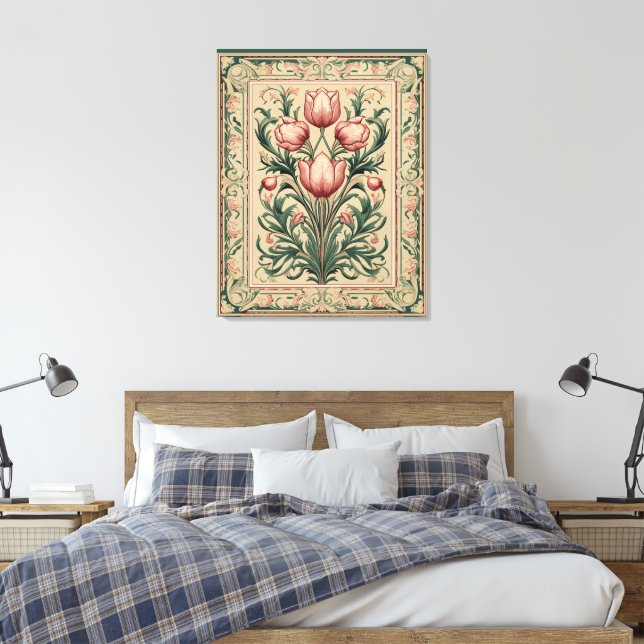Dusty Pink Tulip Mediaeval Emerald Ornament Canvas Print (Insitu(Bedroom))