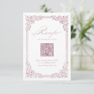 Dusty Pink Vintage Frame Elegant QR Code Wedding RSVP Card