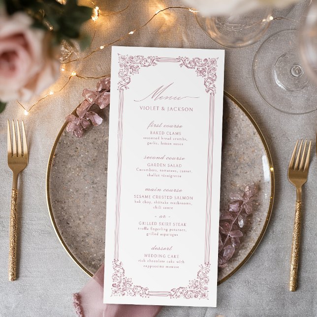 Dusty Pink Vintage Frame Elegant Script Wedding Menu (Dusty Pink Vintage Frame Elegant Script Wedding Menu)