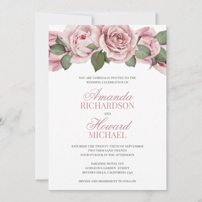 Dusty pink vintage roses rustic wedding invitation (Front)