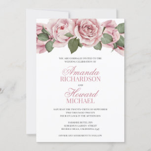 Dusty pink vintage roses rustic wedding invitation