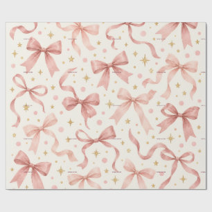 Dusty Pink Watercolor Bow First Birthday Name Wrapping Paper