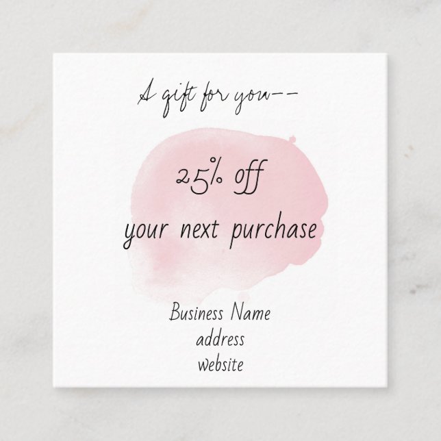 Dusty Pink Watercolor Discount Rewards Square Business Card (Front)