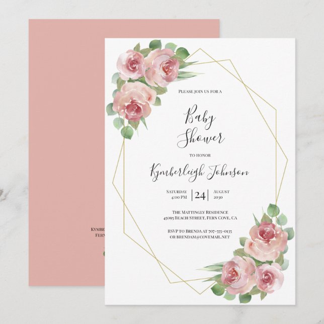Dusty Pink Watercolor Floral Geometric Baby Shower Invitation (Front/Back)
