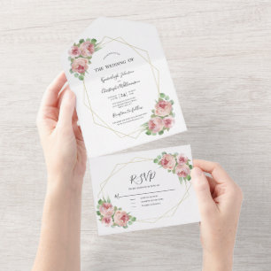 Dusty Pink Watercolor Floral Geometric Wedding All In One Invitation