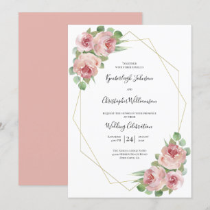 Dusty Pink Watercolor Floral Geometric Wedding Invitation