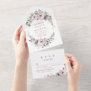 Dusty pink watercolor floral rustic boho wedding all in one invitation