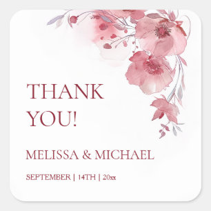 Dusty Pink Watercolor Flowers Wedding Thank You Square Sticker