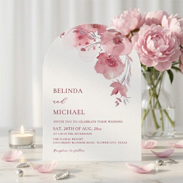 Dusty Pink Watercolor Flowers White Arched Wedding Invitation (Creator Uploaded)